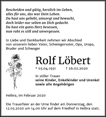 Traueranzeige von Rolf Löbert von Super Sonntag Mansfelder Land