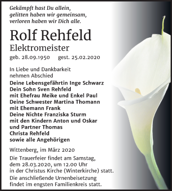 Traueranzeige von Rolf Rehfeld von Super Sonntag Wittenberg