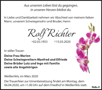 Traueranzeige von Rolf Richter von Mitteldeutsche Zeitung Weißenfels