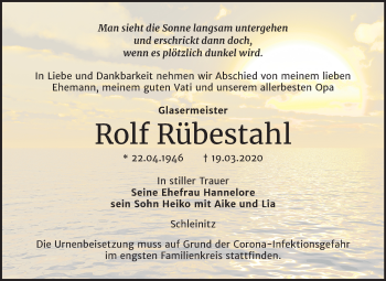Traueranzeige von Rolf Rübestahl von Super Sonntag Zeitz