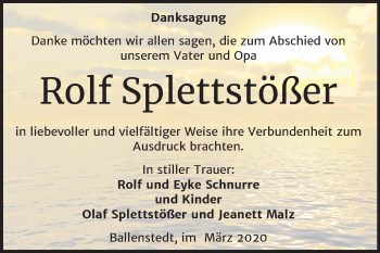 Traueranzeige von Rolf Splettstößer von Super Sonntag Quedlinburg