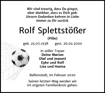 Traueranzeige von Rolf Splettstößer von Super Sonntag Quedlinburg