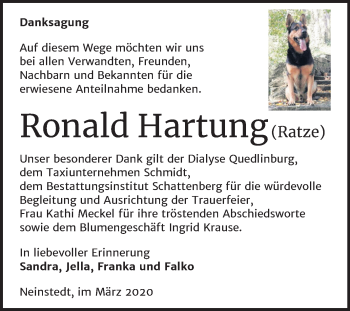Traueranzeige von Ronald Hartung von Super Sonntag Quedlinburg