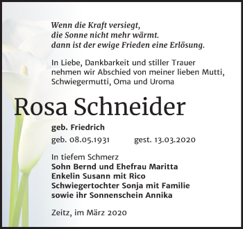Traueranzeige von Rosa Schneider von Super Sonntag Zeitz