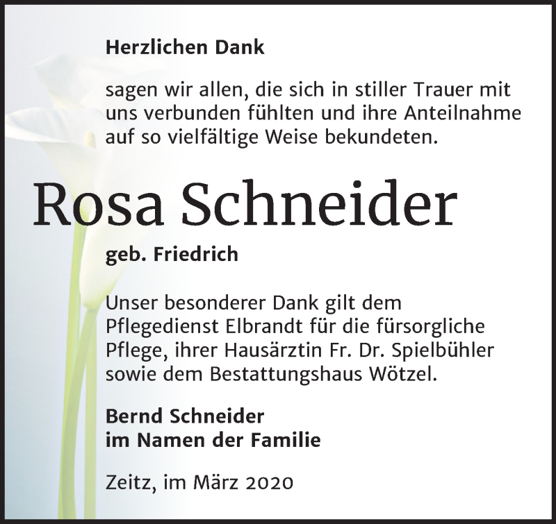  Traueranzeige für Rosa Schneider vom 28.03.2020 aus Mitteldeutsche Zeitung Zeitz