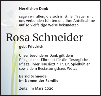 Traueranzeige von Rosa Schneider von Super Sonntag Zeitz