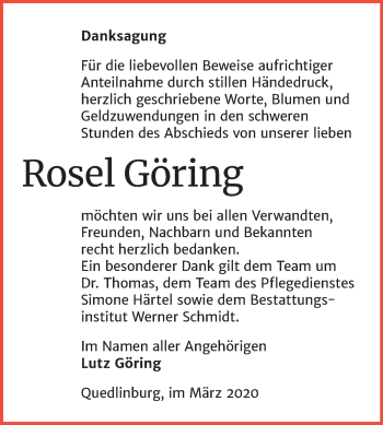 Traueranzeige von Rosel Göring von Super Sonntag Quedlinburg