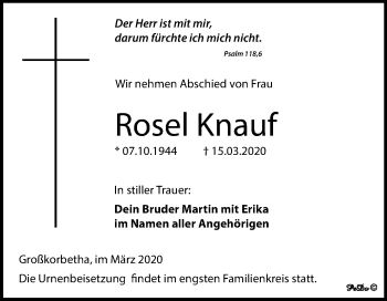 Traueranzeige von Rosel Knauf von Super Sonntag Weißenfels