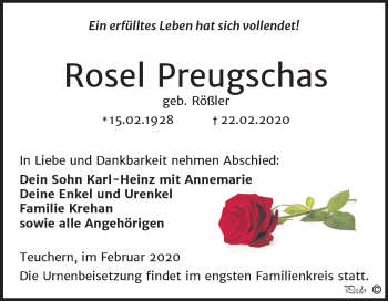 Traueranzeige von Rosel Preugschas von Wochenspiegel Weißenfels