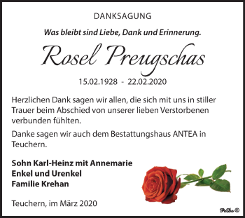 Traueranzeige von Rosel Preugschas von Super Sonntag Weißenfels