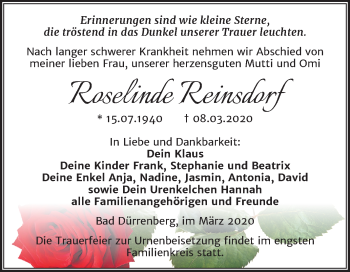 Traueranzeige von Roselinde Reinsdorf von Super Sonntag Merseburg/Querfurt