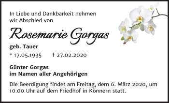 Traueranzeige von Rosemarie Gorgas von Wochenspiegel Bernburg