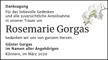 Traueranzeige von Rosemarie Gorgas von Super Sonntag Bernburg