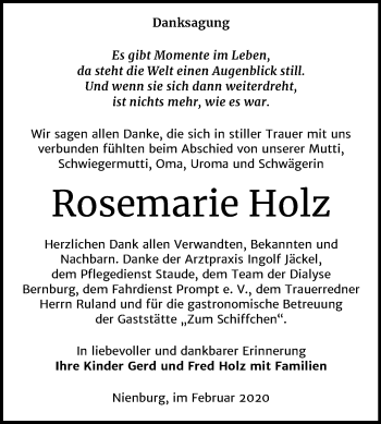 Traueranzeige von Rosemarie Holz von Mitteldeutsche Zeitung Bernburg