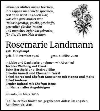 Traueranzeige von Rosemarie Landmann von Mitteldeutsche Zeitung Weißenfels