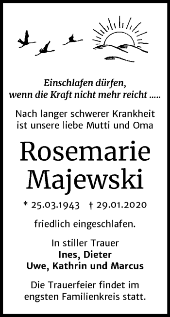 Traueranzeige von Rosemarie Majewski von Mitteldeutsche Zeitung Halle/Saalkreis