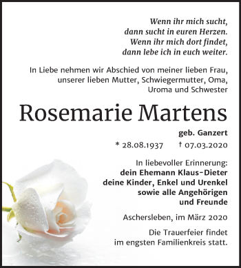Traueranzeige von Rosemarie Martens von Super Sonntag Aschersleben