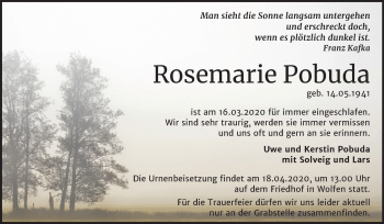 Traueranzeige von Rosemarie Pobuda von Mitteldeutsche Zeitung Bitterfeld