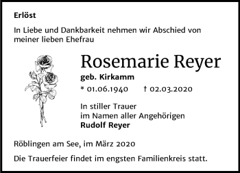 Traueranzeige von Rosemarie Reyer von Wochenspiegel Mansfelder Land