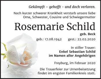 Traueranzeige von Rosemarie Schild von Wochenspiegel Naumburg/Nebra