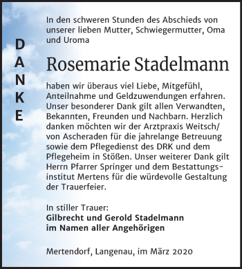 Traueranzeige von Rosemarie Stadelmann von Wochenspiegel Naumburg/Nebra