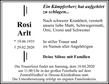 Traueranzeige von Rosi Arlt von Mitteldeutsche Zeitung Dessau-Roßlau