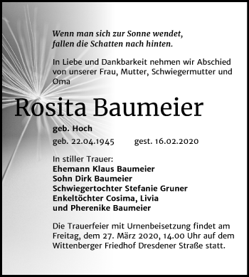 Traueranzeige von Rosita Baumeier von Mitteldeutsche Zeitung Wittenberg