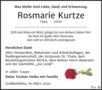 Traueranzeige von Rosmarie Kurtze von Wochenspiegel Weißenfels
