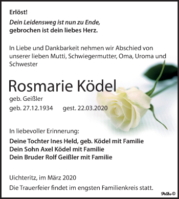 Traueranzeige von Rosmarie Ködel von Mitteldeutsche Zeitung Weißenfels
