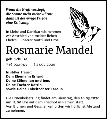 Traueranzeige von Rosmarie Mandel von Wochenspiegel Bitterfeld