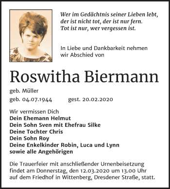 Traueranzeige von Roswitha Biermann von Super Sonntag Wittenberg