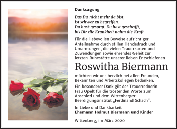 Traueranzeige von Roswitha Biermann von Super Sonntag Wittenberg