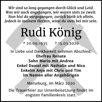 Traueranzeige von Rudi König von Super Sonntag Merseburg/Querfurt