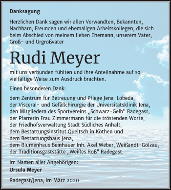 Traueranzeige von Rudi Meyer von Super Sonntag Köthen