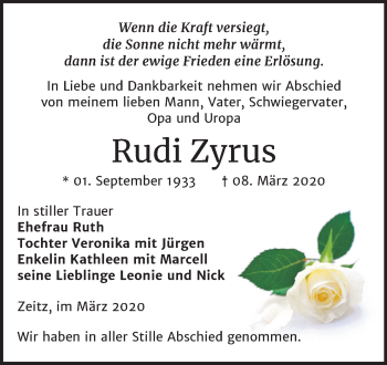 Traueranzeige von Rudi Zyrus von Super Sonntag Zeitz