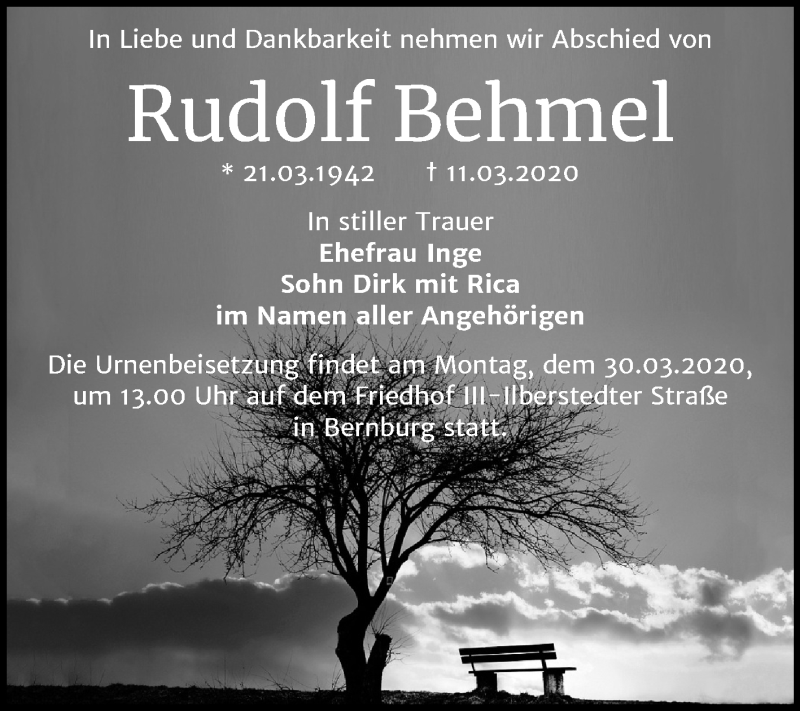  Traueranzeige für Rudolf Behmel vom 21.03.2020 aus Super Sonntag Bernburg
