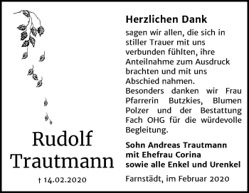 Traueranzeige von Rudolf Trautmann von Wochenspiegel Merseburg/Querfurt