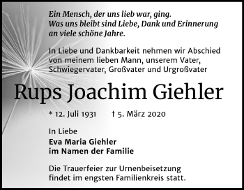 Traueranzeige von Rups Joachim Giehler von Mitteldeutsche Zeitung Halle/Saalkreis