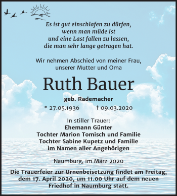 Traueranzeige von Ruth Bauer von Wochenspiegel Naumburg/Nebra
