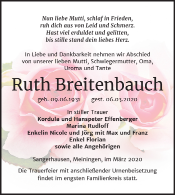 Traueranzeige von Ruth Breitenbauch von Mitteldeutsche Zeitung Sangerhausen