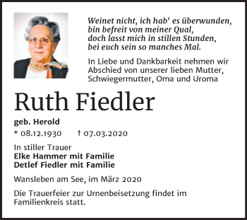 Traueranzeige von Ruth Fiedler von Super Sonntag Mansfelder Land
