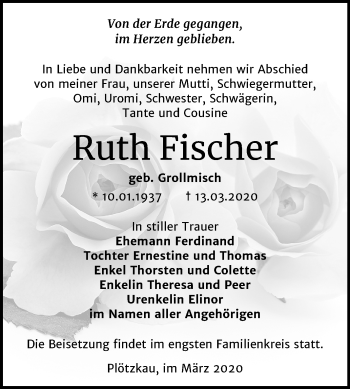 Traueranzeige von Ruth Fischer von Super Sonntag Bernburg