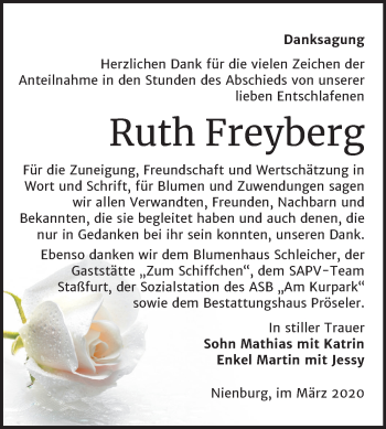 Traueranzeige von Ruth Freyberg von Super Sonntag Bernburg
