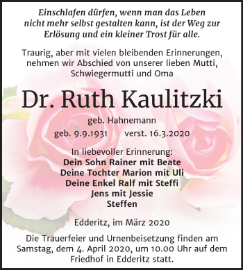 Traueranzeige von Ruth Kaulitzki von Super Sonntag Köthen