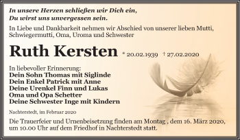 Traueranzeige von Ruth Kersten von Mitteldeutsche Zeitung Aschersleben