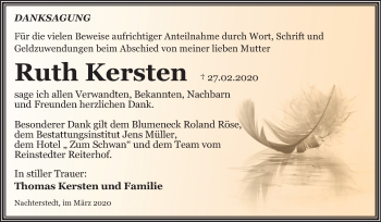 Traueranzeige von Ruth Kersten von Super Sonntag Aschersleben