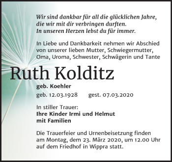 Traueranzeige von Ruth Kolditz von Super Sonntag Sangerhausen