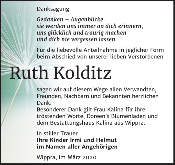 Traueranzeige von Ruth Kolditz von Super Sonntag Sangerhausen