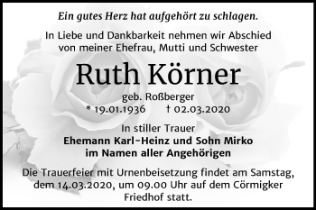 Traueranzeige von Ruth Körner von Super Sonntag Bernburg