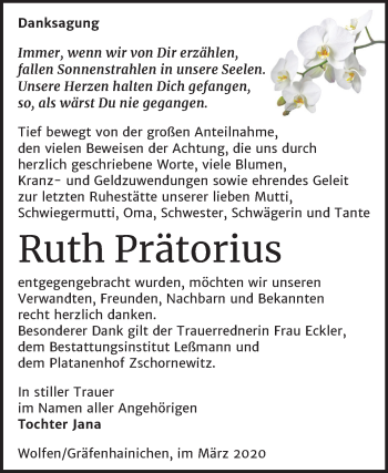 Traueranzeige von Ruth Prätorius von Mitteldeutsche Zeitung Bitterfeld